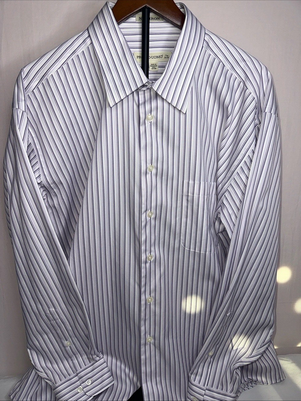 Pronto Uomo White Dress Shirt with Navy Pinstripes